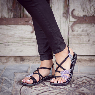 Palm Leaf Flat Women's Sandals | Black-Zebra